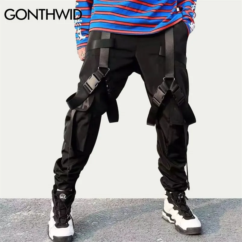 Gonthwid Multi Buckle Ribbons Fickor Joggers Cargo Harem Byxor Streetwear Men Höst Hip Hop Casual Sweatpants Man 210715