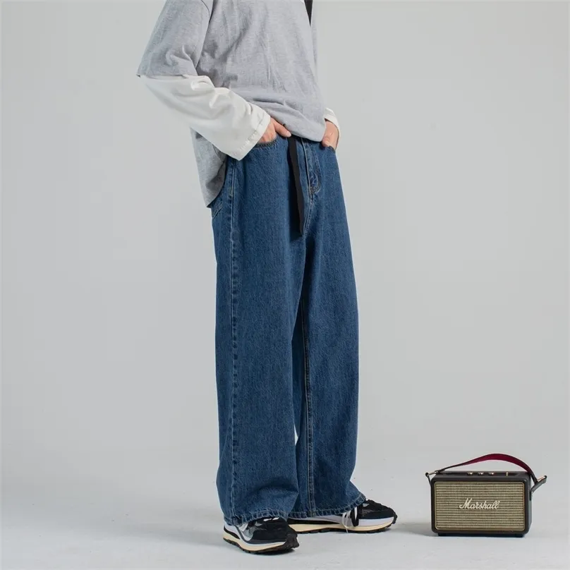 Men's Fashion Wide Leg Pants Baggy Homme Biker Denim Trousers Classic Cargo Pocket Jeans Blue Daddy Casual S-2XL 210716