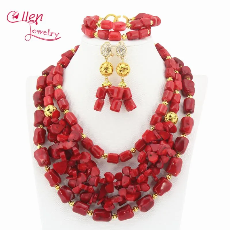 Boucles d'oreilles Collier Design Ensemble de bijoux en perles de corail rouge Bracelet et perles africaines de mariage nigérian TL1166
