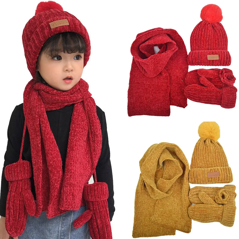 Driedelige gebreide hoeden sjaal handschoenen set kinderen hoed pompon herfst winter warme mitten jongen cap beanie mode sets kinderen caps