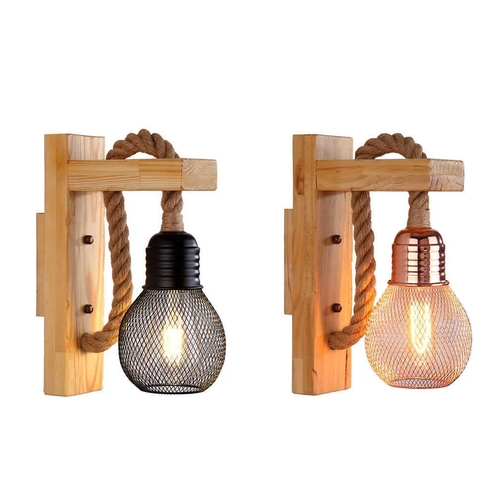 Lampada da parete industriale in legno chiaro Retro Wandlamp Wall Sconce Corda di canapa Camera da letto fai da te Ristorante Bar Corridoio American Decor Halogen 210724