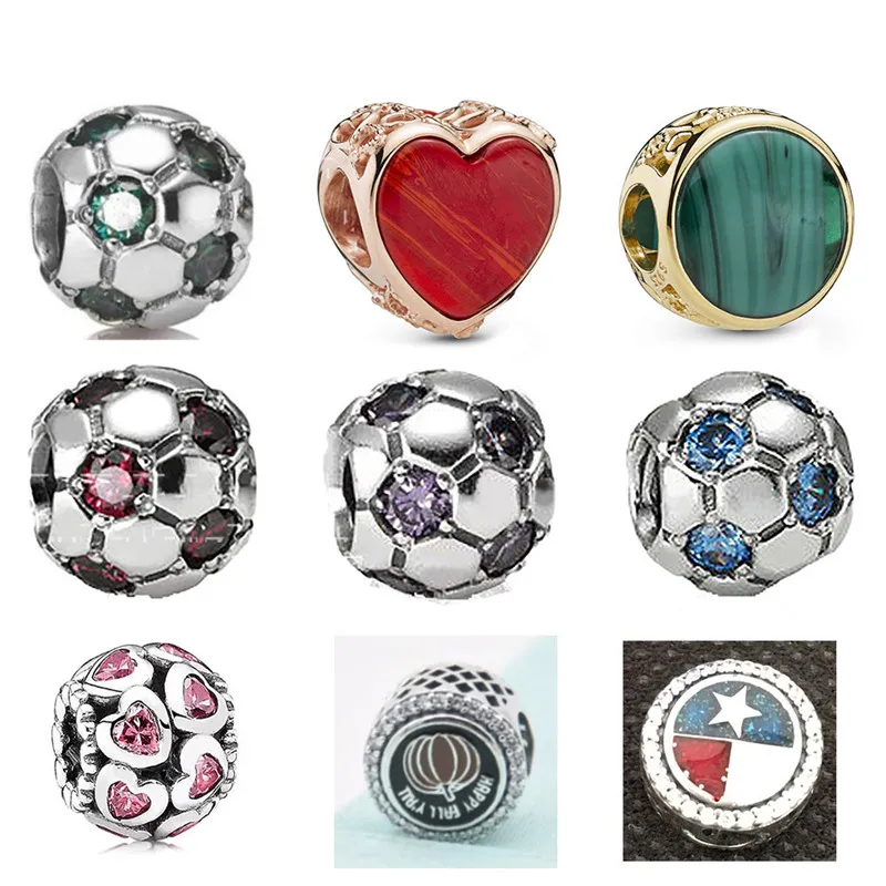 Memnon Jewelry 925 Sterling Silver Multicolor Football Charm Splendidamente diverso Murano Heart Charms Love Bead Fit Bracciali stile Pandora Fai da te