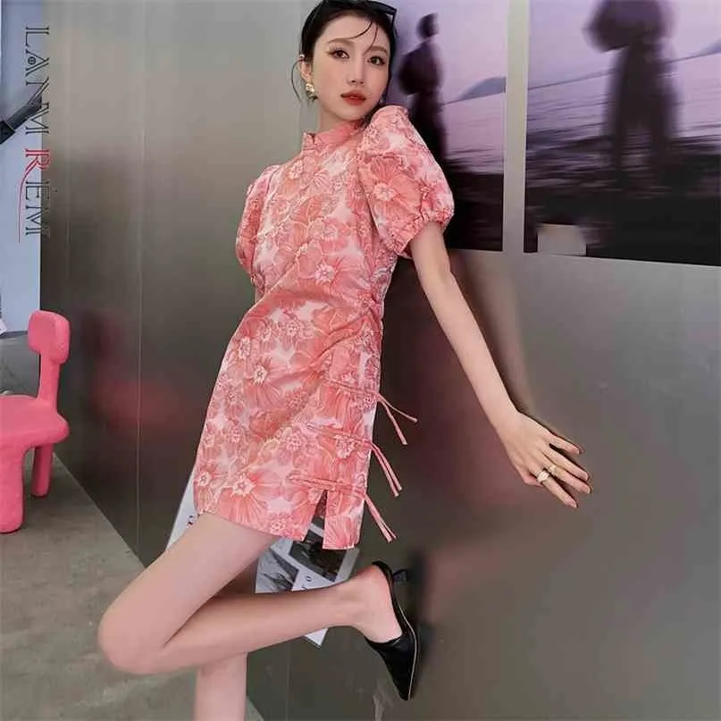 Women Printing Dress Stand Neck Short Puff Sleeve Loose Fit Female Fashion Spring Autumn Arrivals 2E1998 210526