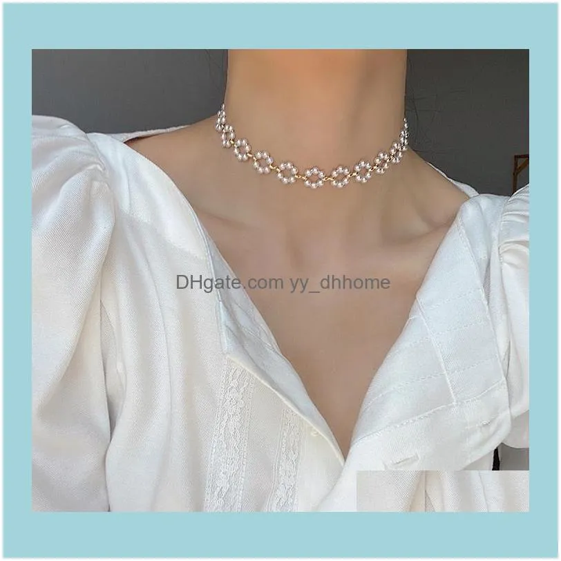 Chokers HangZhi 2021 Elegant Pearls Geometric Hollow Round Link Chain Collar Choker Necklace For Women Anniversary Party Jewelry