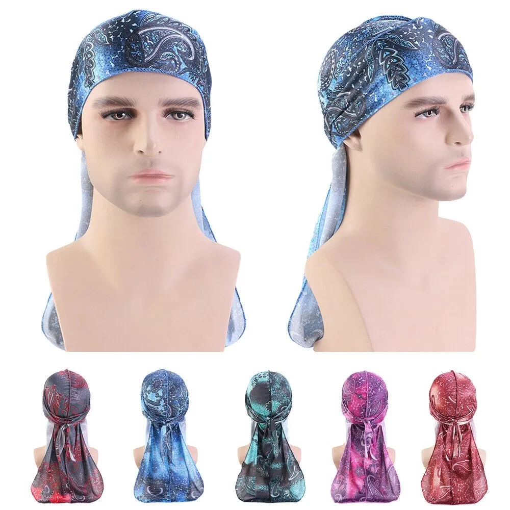 الرجال الحرير durags باندانا العمامة قبعة دو دوراج يوكسس طباعة أغطية الرأس حك القراصنة كاب طويل الذيل بونيه بيني غطاء الأزياء