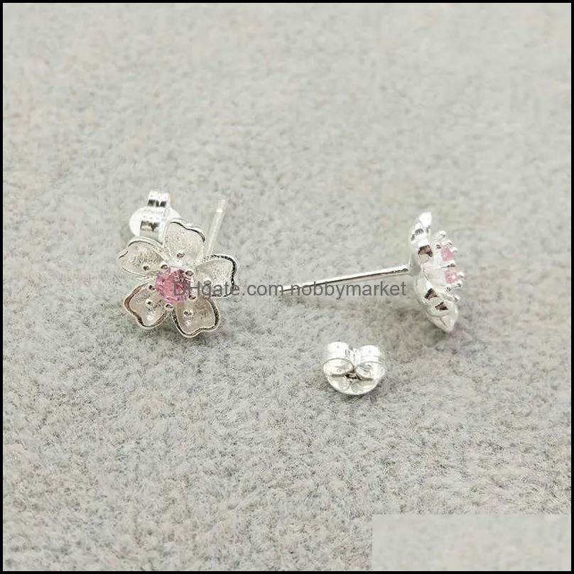 Silver 925 Jewelry Sterling Earrings Cherry Blossom Inlaid Pink Zircon Ear Studs Simple and Popular for Women