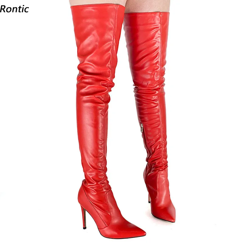 Rontic New Women Winter Coxa Botas Faux Leather Lateral Zipper Stiletto Saltos apontados Toe Belas Sapatos de Partido Vermelho US tamanho 5-15