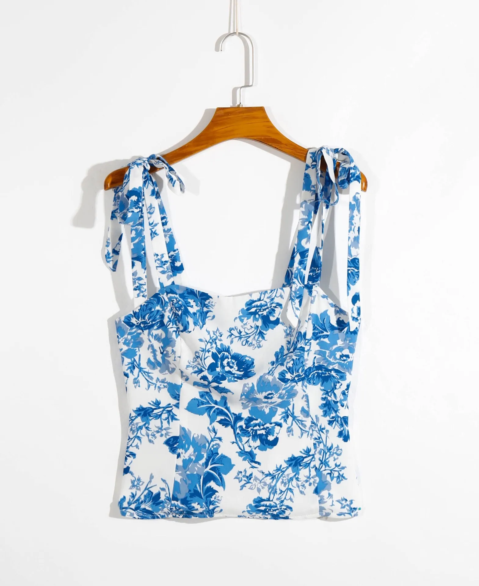 Tie Bow Strap Blue White Floral Print Camis Women Summer