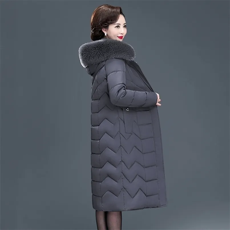 X-long femmes manteaux mince bureau dames solide femmes veste d'hiver à capuche avec col en fourrure épais coton rembourré Parkas 211108
