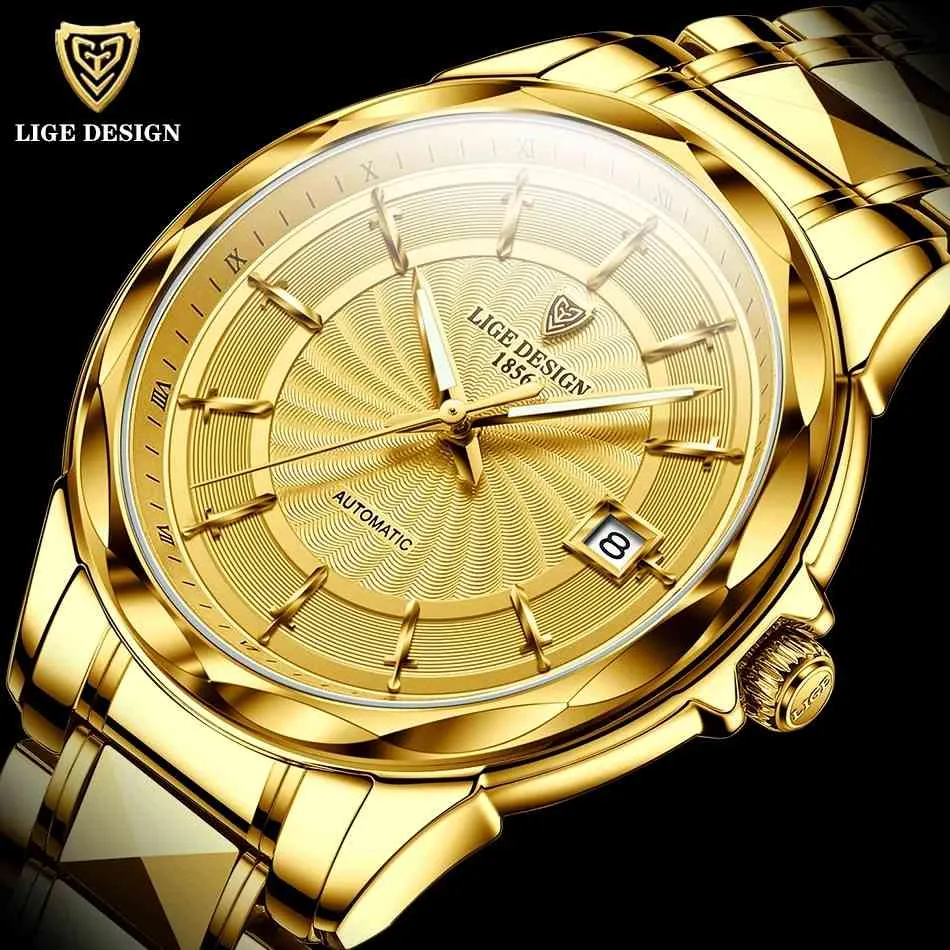Lige Mens Automatiska mekaniska klockor Lyxmärke Business Tungsten Stål Vattentät Armbandsur Men Mode Clock Reloj Hombre Q0524