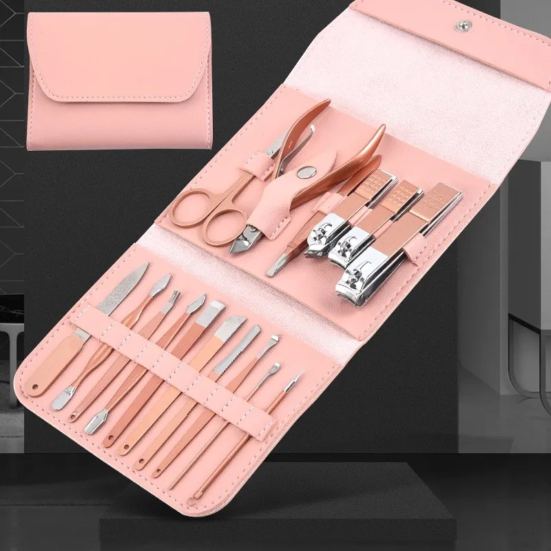 Fashion Portable Nail Manicure Set 16 pezzi Confezione in pelle PU Kit di trucco professionale Strumenti per unghie Rasoi per calli