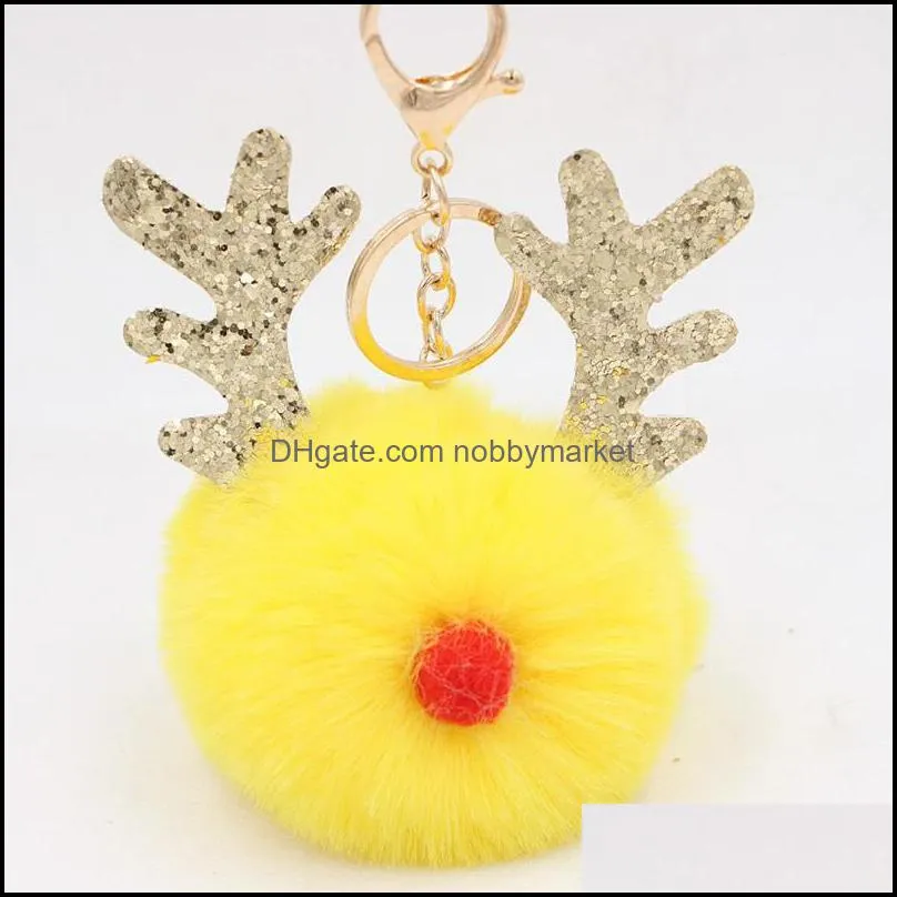 Fur Pom Pom Keychain Fake Rabbit Hair Ball Keychain Porte Clef Pompom De Fourrure Fluffy Bag Charms Christmas Antler Keyring