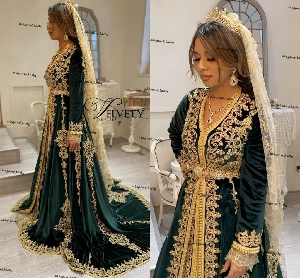Moroccan Kaftan Evening Formal Dresses Hunter Green Velvet Gold Lace Applique Muslim Long Sleeve Islamic Dubai Prom Dress Robes331r