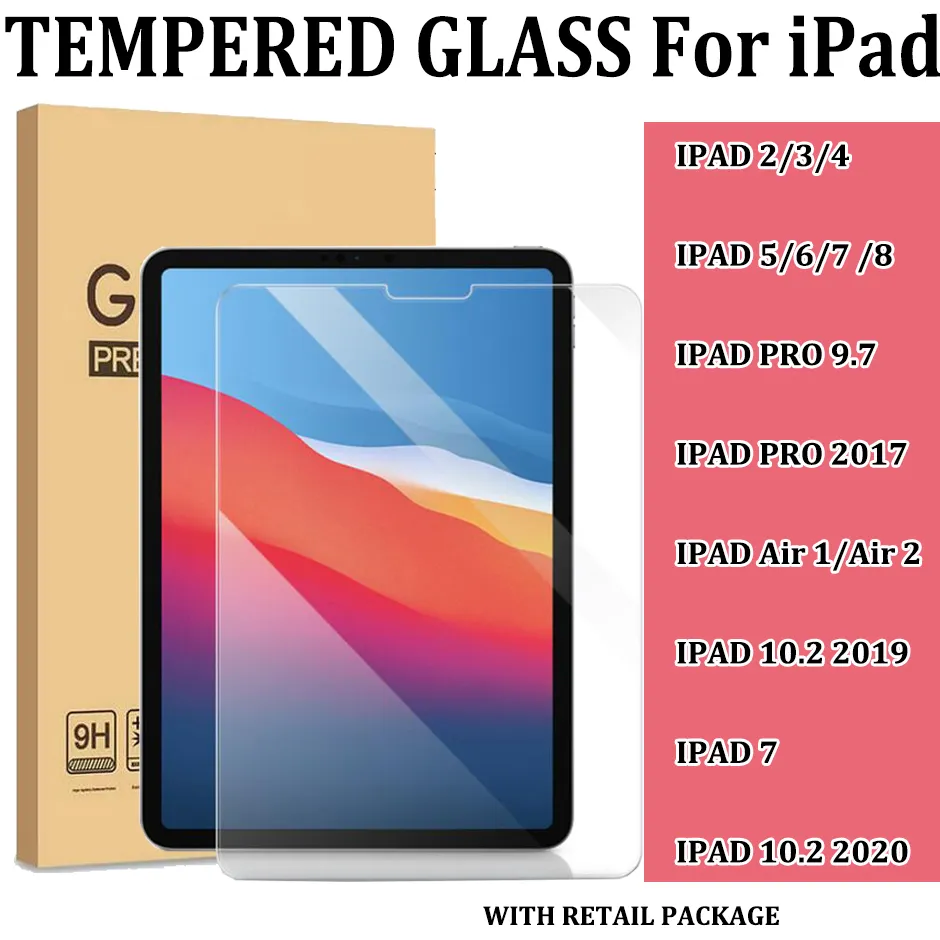Para iPad 8 7 6 5 4 3 2 1 Pro 2017 ipad Air 1 2 9.7 polegadas ipad 10.2 2020 10,2 polegadas protetor de tela de vidro temperado com caixa de varejo