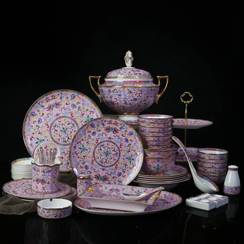 Jingdezhen Luxury Denderware Sets Bone China Enamel Sakura Pink 86 PC