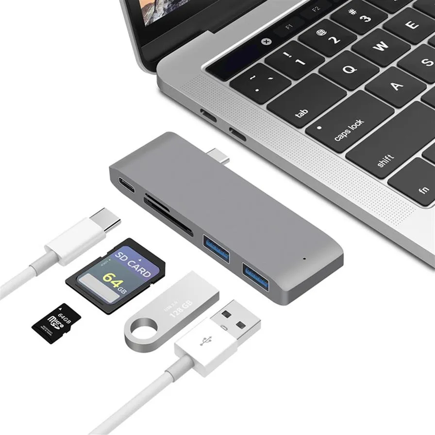 6 in 1 Dual USB Type C Hub Adaptateur de hub Support dongle USB 3.0 Charge rapide PD Thunderbolt 3 SD TF Card Reader pour MacBook457N