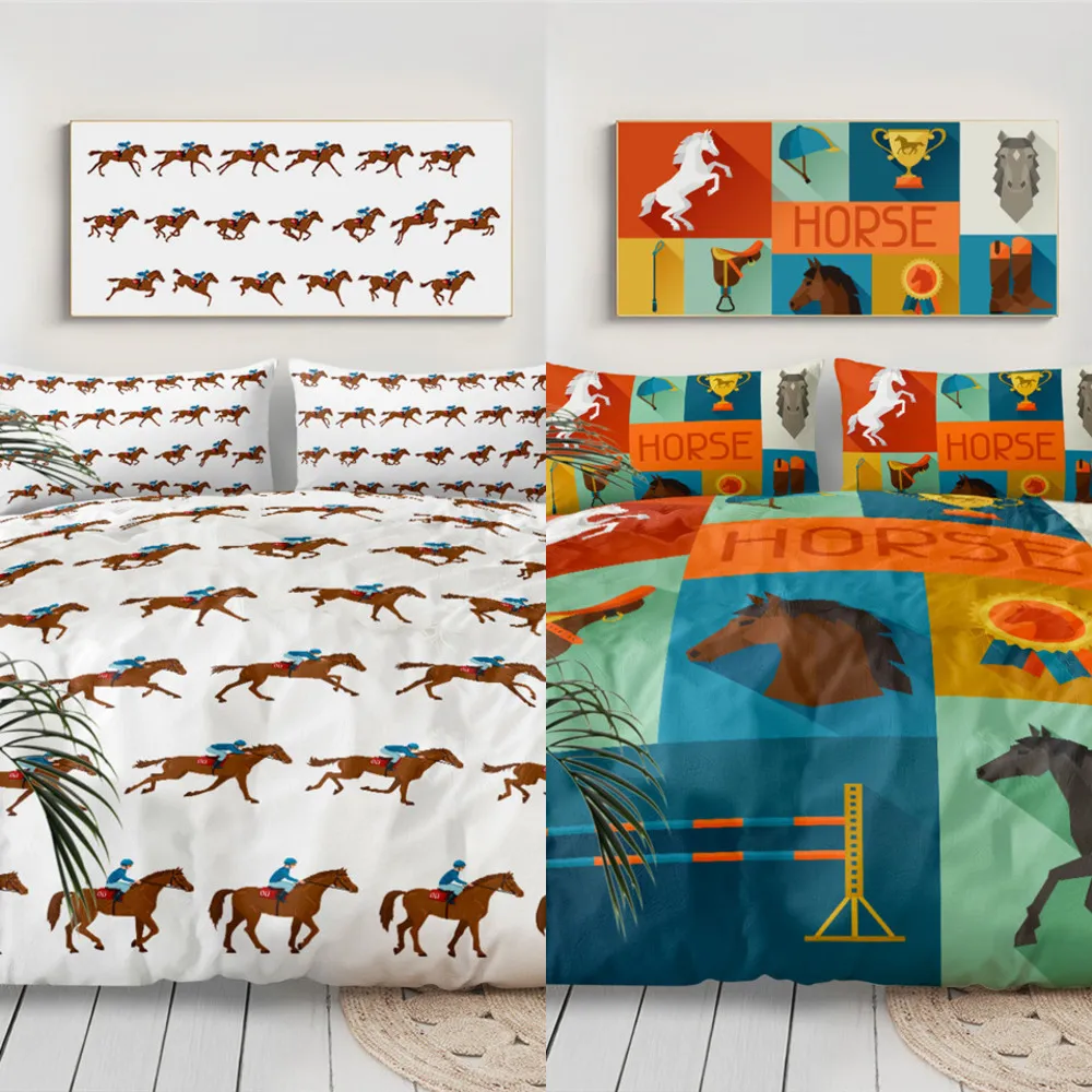 Beddingoutlet Animals Devet Cobertura Set King Equestrian Bedspraad Inglaterra Tradição Cavalo Counterstring Set Sports Cama Roupas C0223