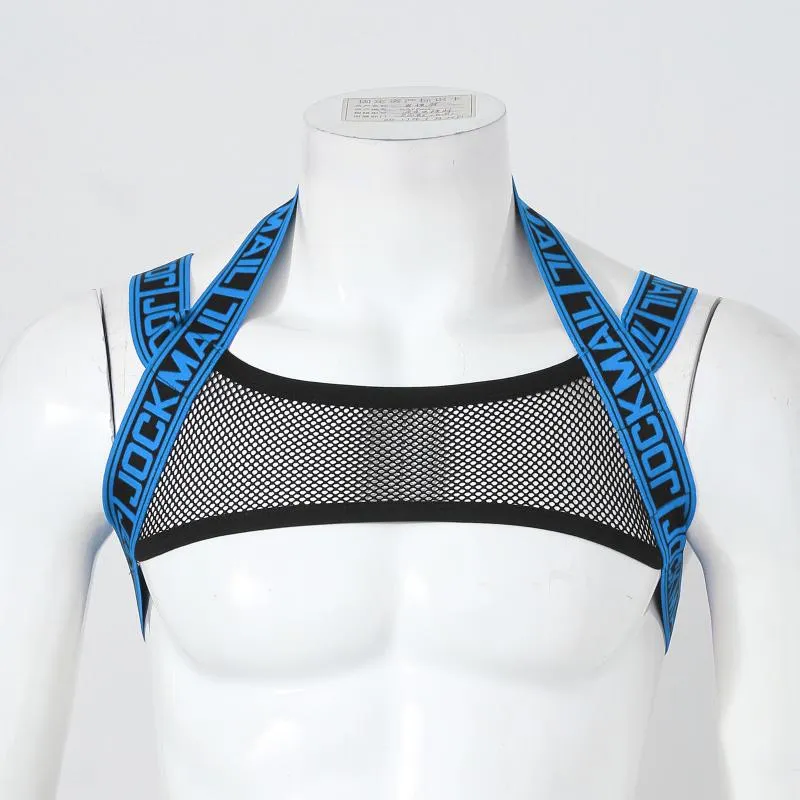 Mäns Tank Toppar Mens Body Shoulder Chest Harness Belt Fashion Letter Print Elastic Straps O Ring se-Through Mesh Crop Top Stage Show Costum