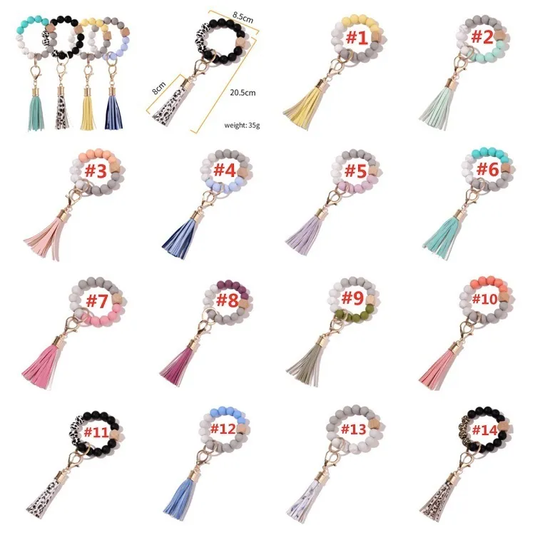 Festives Tassels Bois Perles Keychain Perles Silicone Bracelet Préparez-vous Cuir Porte-clés Porte-bracelet Grade Grade T2I52991