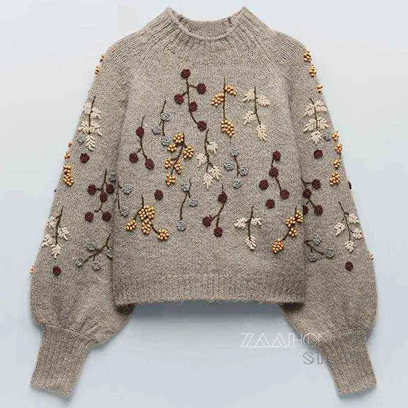 ZAAHONEW Neue Winter Frauen Pullover Vintage Langarm Pullover Chic Blumen Perlen Harajuku Gestrickte Sweateres Top Femme Y1110