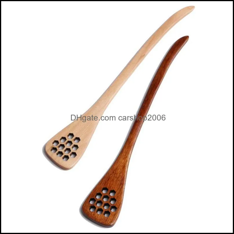 Wooden Honey Stir Stick Long handle Hollow out stirring Spoon Eco-friendly wood Sticks Kitchen restaurant Scoop Dinnerware HWB10091