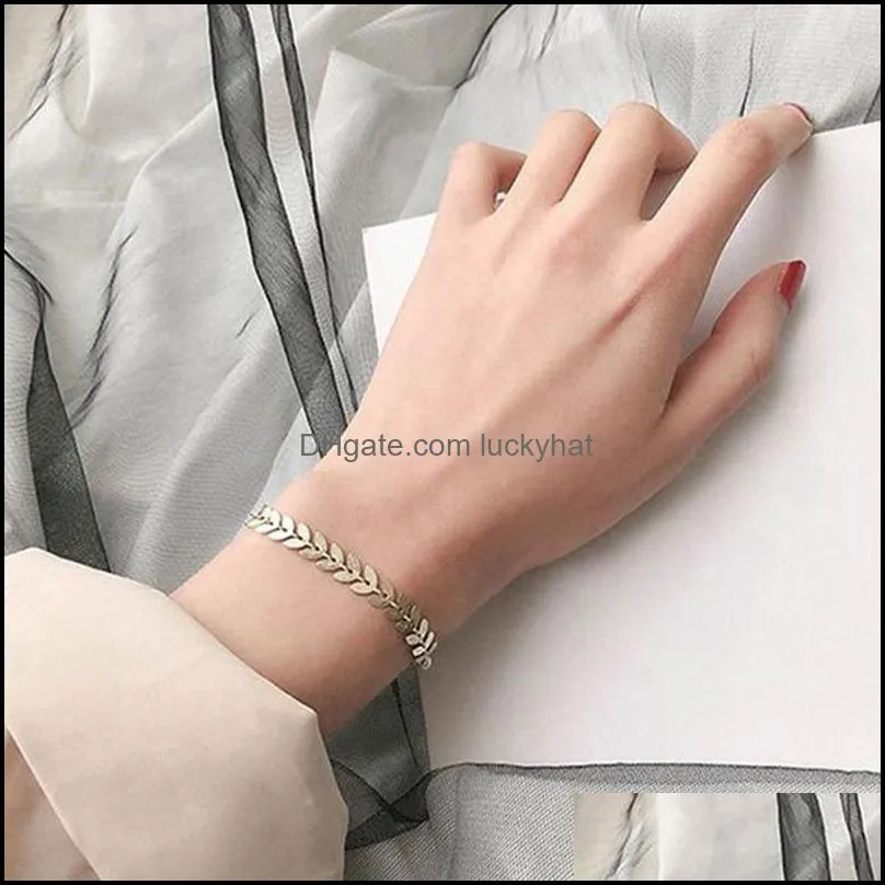 Link, Chain Leaves Wheat Bangles Beads Luxury Stainless Steel Crystal Pearl Bracelet For Women Fashion Jewelry Synthetic Gift