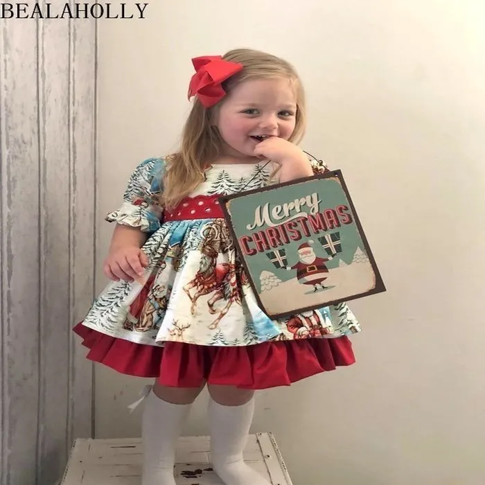 Ins European and American Children Santa Claus Print Bow Girl Dresses Carton Christmas Dress Girl Princess Dress Q0716