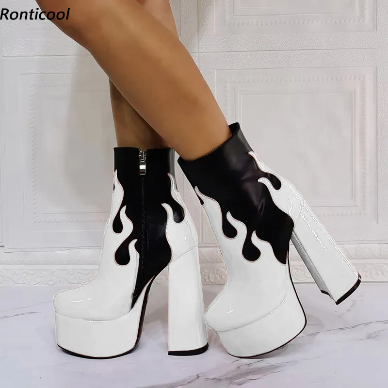Rontic Women Winter Ankle Botas Patente Chunky Heels Rodada Toe Fabuloso Fabuloso Fuchsia Vermelho Party Dress Shoes mais US tamanho 5-15