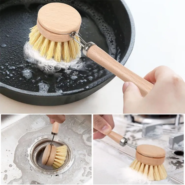 Kitchen Tools Natural Wooden Long Handle Pot Brush Pan Dish Bowl Washing Cleaning Tool RH19193