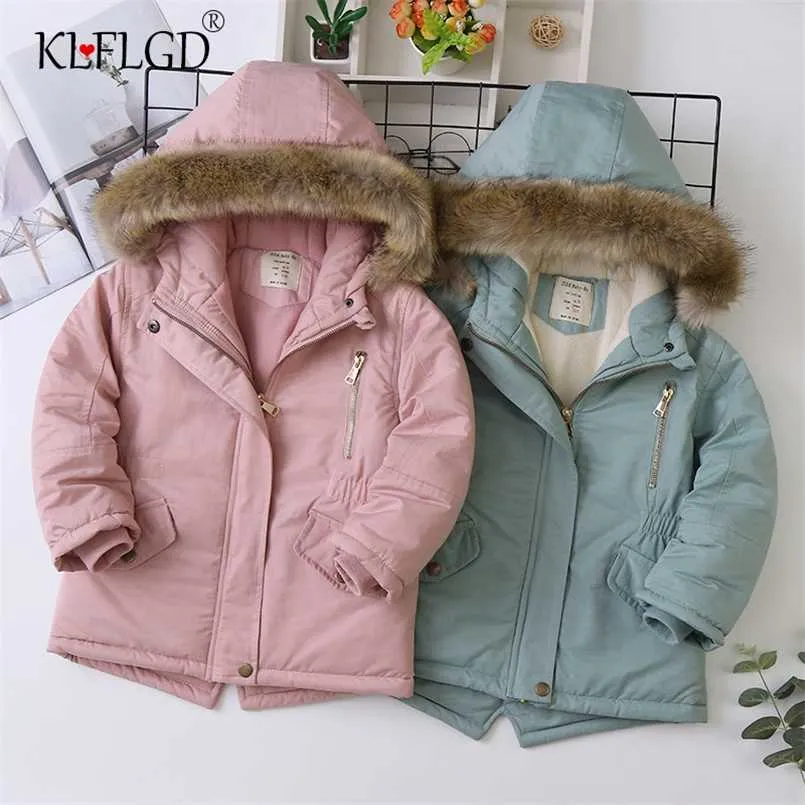 赤ちゃんガールデニムジャケットプラスファー暖かい幼児の女の子フード付きコート冬の子供厚いベルベット211007