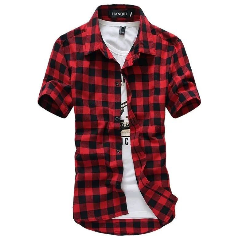 Röd och svart plädskjorta Men SHIRTS Sommar Mode Chemise Homme Mens Checkered T Shirts Kortärmad tröja Män Blus 210705