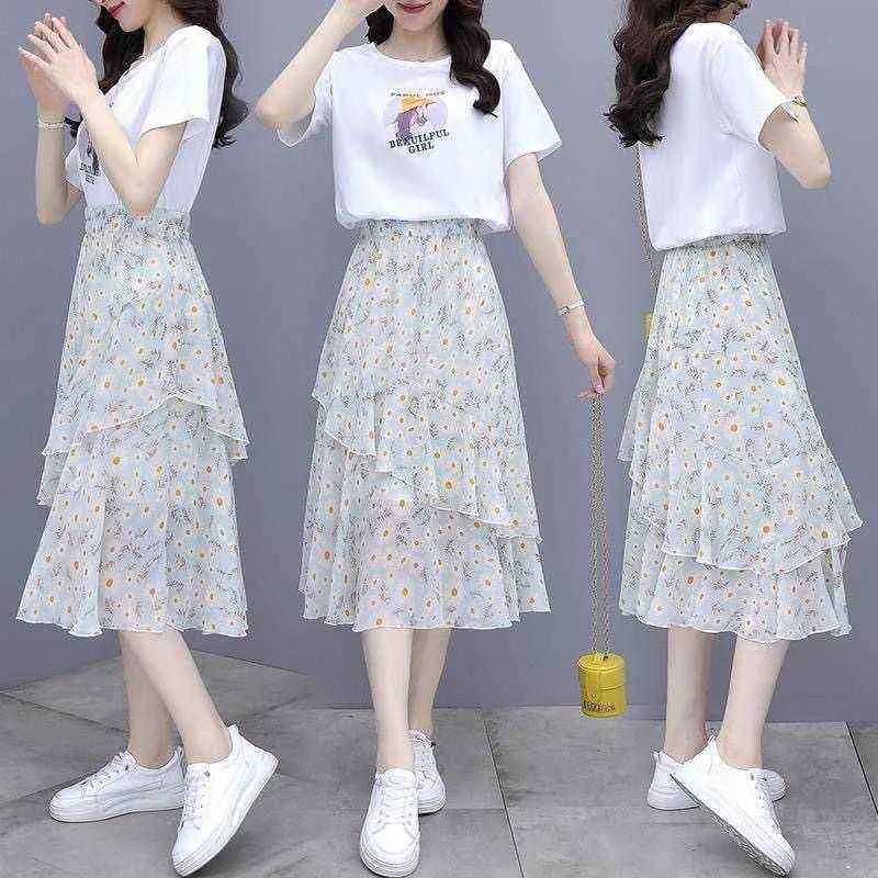 Nova saia elegante + t-shirt dois pedaço conjunto verão mulheres saias coreanos estilo bonito cintura alta floral assimétrica plissada saias G220309