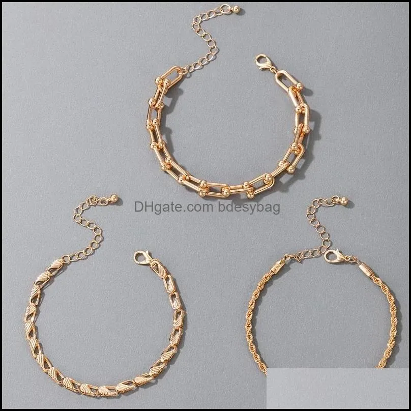 3pcs/sets Heavy Metal Gold Bracelets for Women Gold Color Alloy Metal Hollow Geometric Adjustable Jewelry Gift