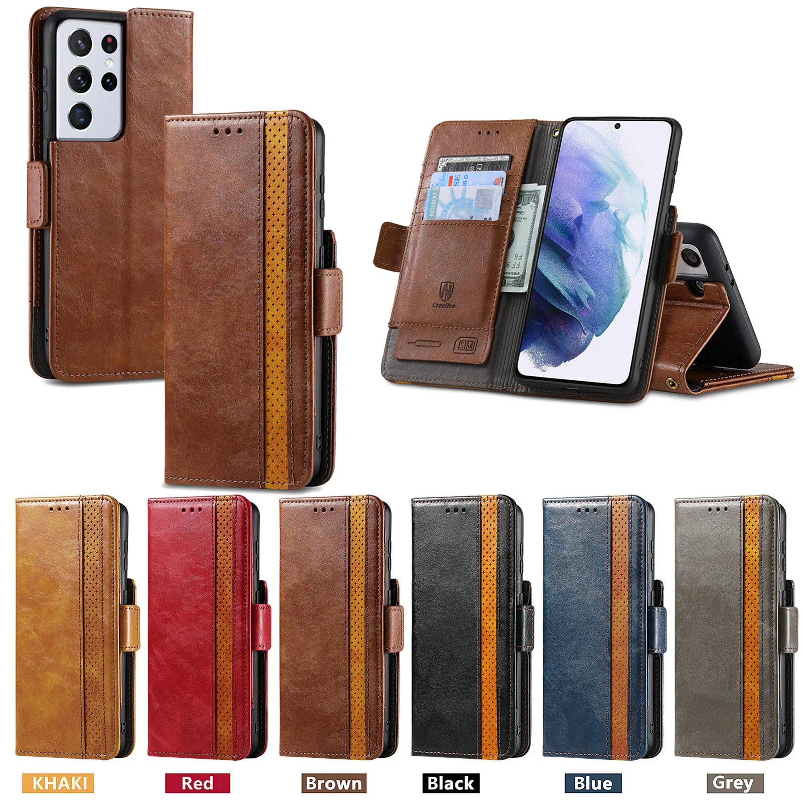 Phone Cases For Samsung iPhone Card Wallet Flip Holster Fall Protection Cover Leather Anti-slip Surface Magnetic Flip Bucklet Foldable Bracket 6 Colors