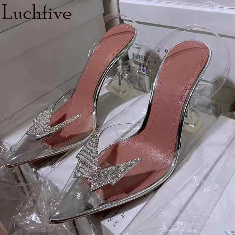 Crystal Butterfly PVC Sandalen Cup Hoge Hakken Clear Slingbacks Big Size Uitloper Sexy Diamond Pointy Teen Damesschoenen