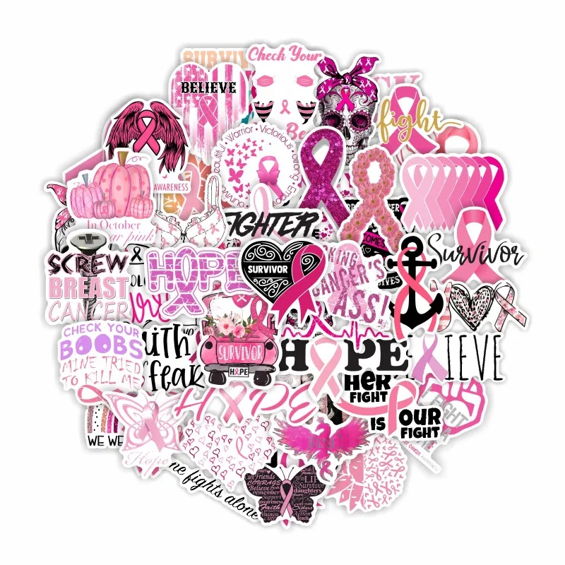 50pcs Breast Cancer Awareness Stickers Skate Accessories Waterproof Vinly Pink Ribbon Sticker For Skateboard Laptop Luggage Phone Case Car Decals Party Decor