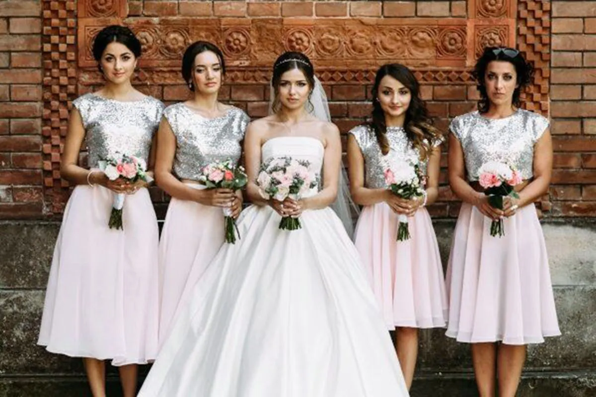 guest of honor sequin dress Custom-made Plus Size Silver Sequin Chiffon Silver Sequin bridesmaid dresses with Sleeves