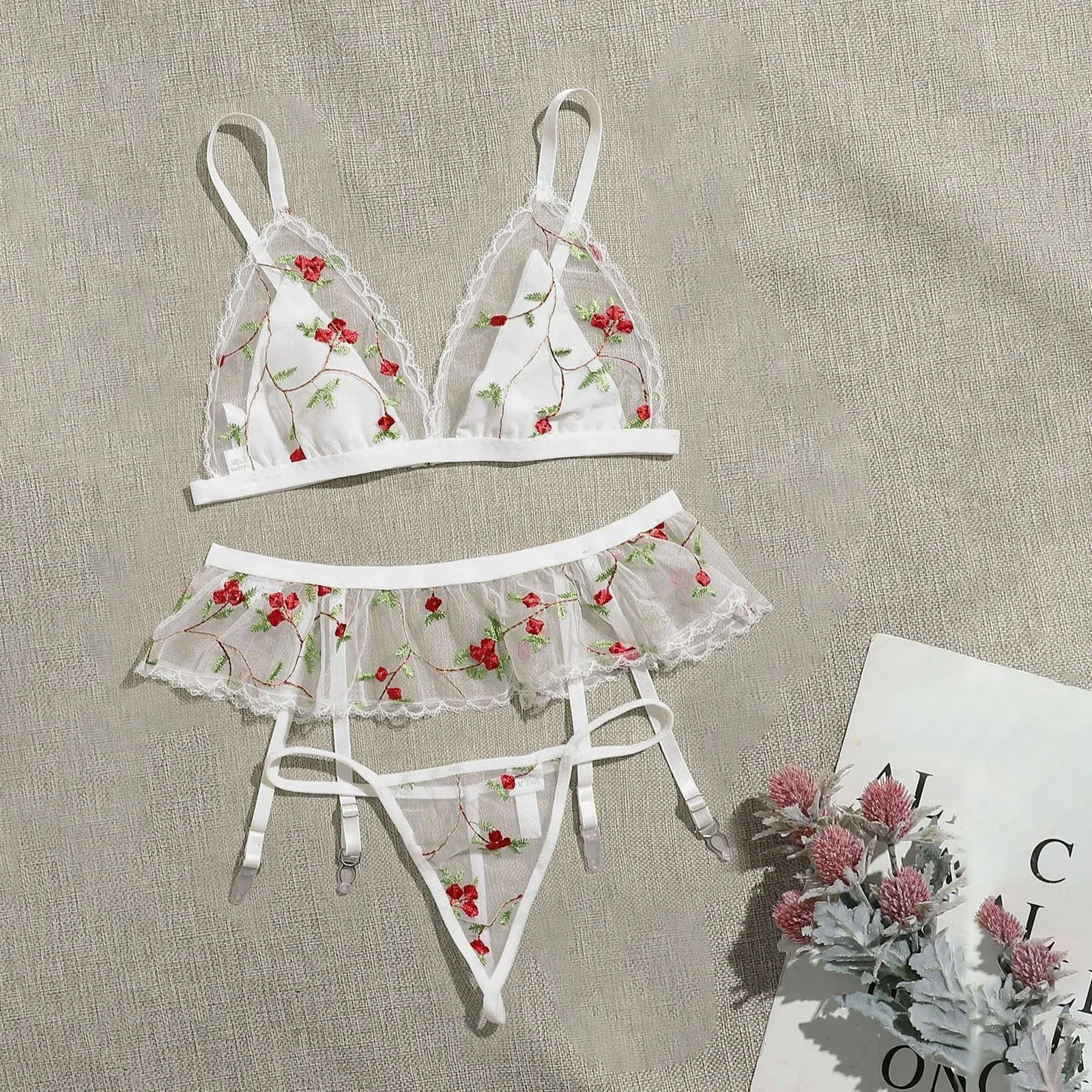 Underwear Set White Sexy Floral Lace Embroidery Bra Sets Bow Tie ...