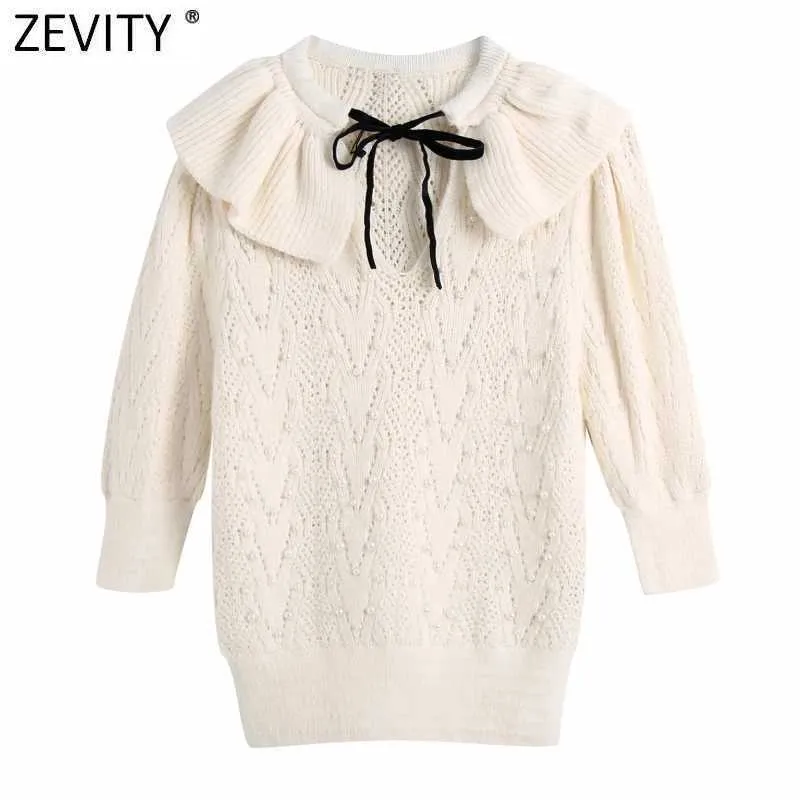 Zevity Women Sweet Black Bow Tied Ruffles Knitting Sweater Female Chic Pearl Beading Puff Sleeve Pullovers Hollow Tops S671 210603