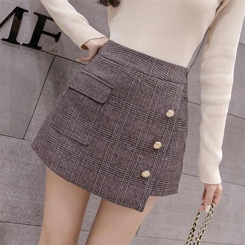 秋のポケットウールの暖かい冬のショーツ女性スリムなファッションボタンチェック柄スカートレトロな女性のプラスサイズのミニスカート210311