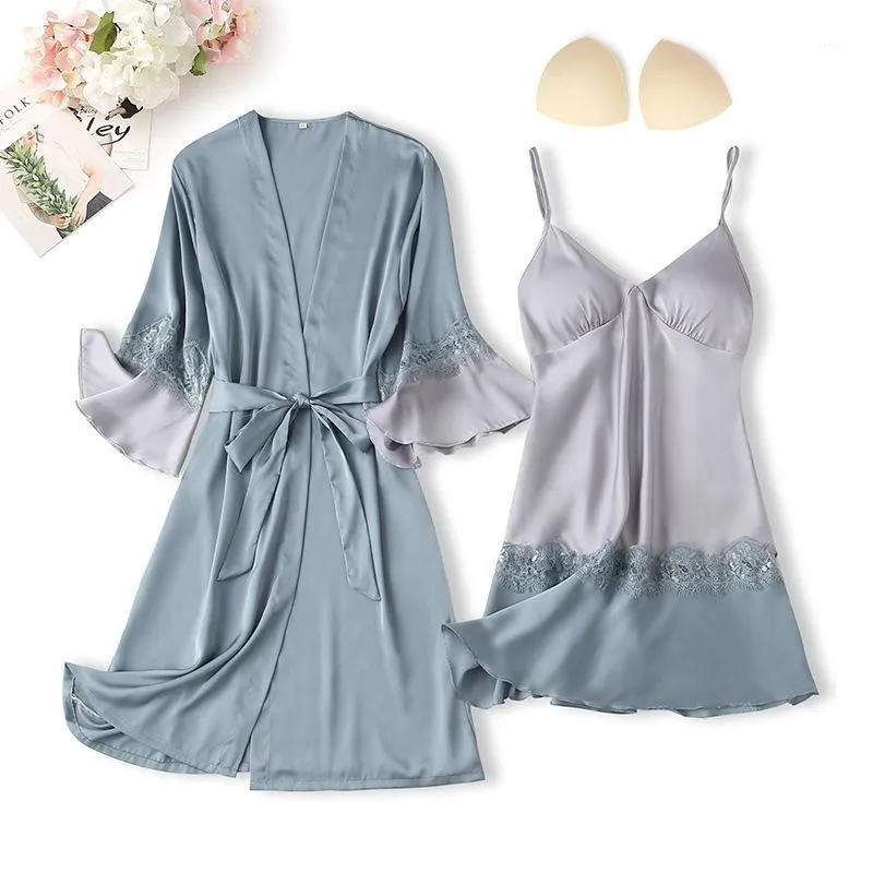 Kvinnors Sleepwear Casual Women Nightwear Satin Patchwork Nightyrob Suit Faux Silk Kimono Gown Sexig Underkläder med Lace Nightgown