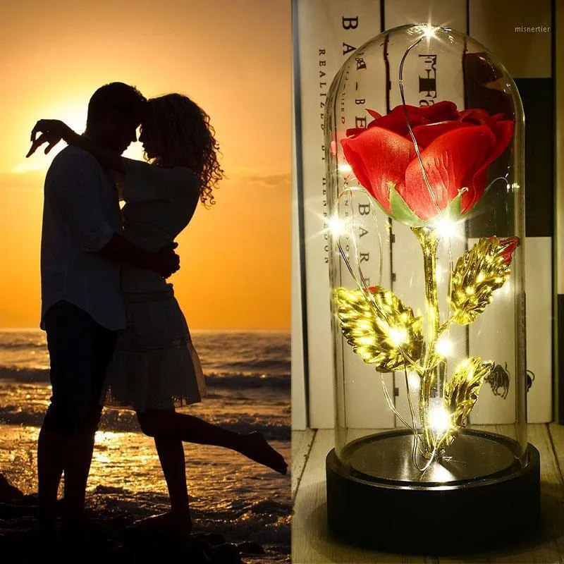 Confezione regalo Copertura in vetro Bellissima romantica imitazione lamina d'oro Rosa Fiore eterno Sapone Celebrazione luminosa a LED