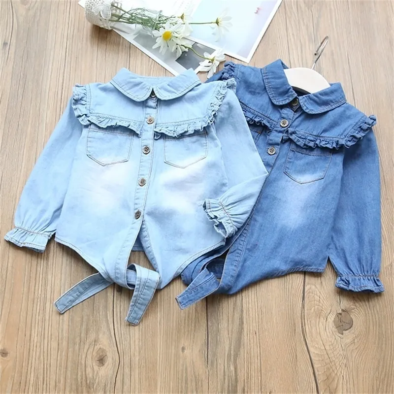 Nieuwe stijl lente baby meisjes blouse turn-down kraag ruches kinderen cowboy jeans shirts kinderen hoge kwaliteit bovenkleding 210306