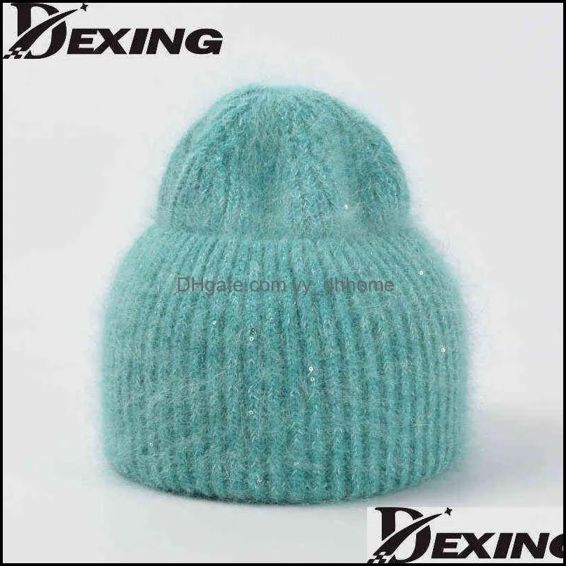 Rabbit Fur Fluffy Soft Winter Hat for Women Cashmere Wool Cap Female Knitted Skullies Beanies Warm Knit Hat Bonnet Wholesale 211228
