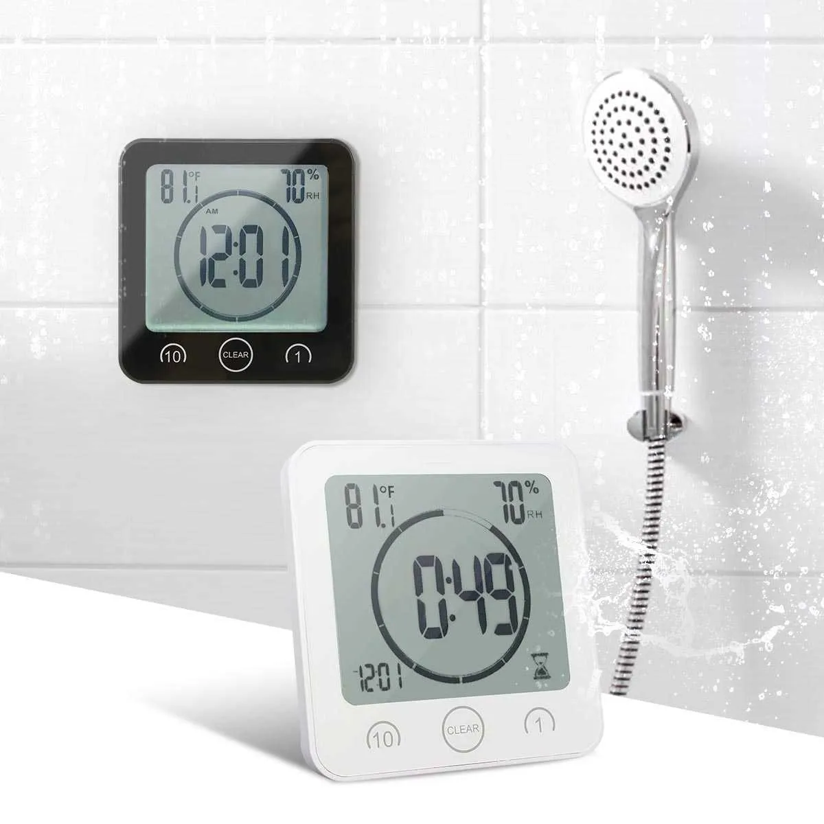 Водонепроницаемые ЖК-цифровые настенные часы душевые всасывающие стены стены тревоги таймер температуры влажности ванна для дома 210930