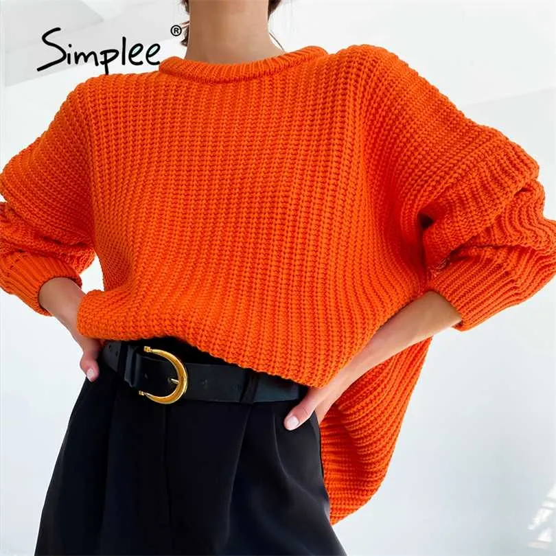 Surdimensionné à manches longues femme orange pull automne décontracté o-cou hiver pull femmes bureau violet dames basique pull 211018