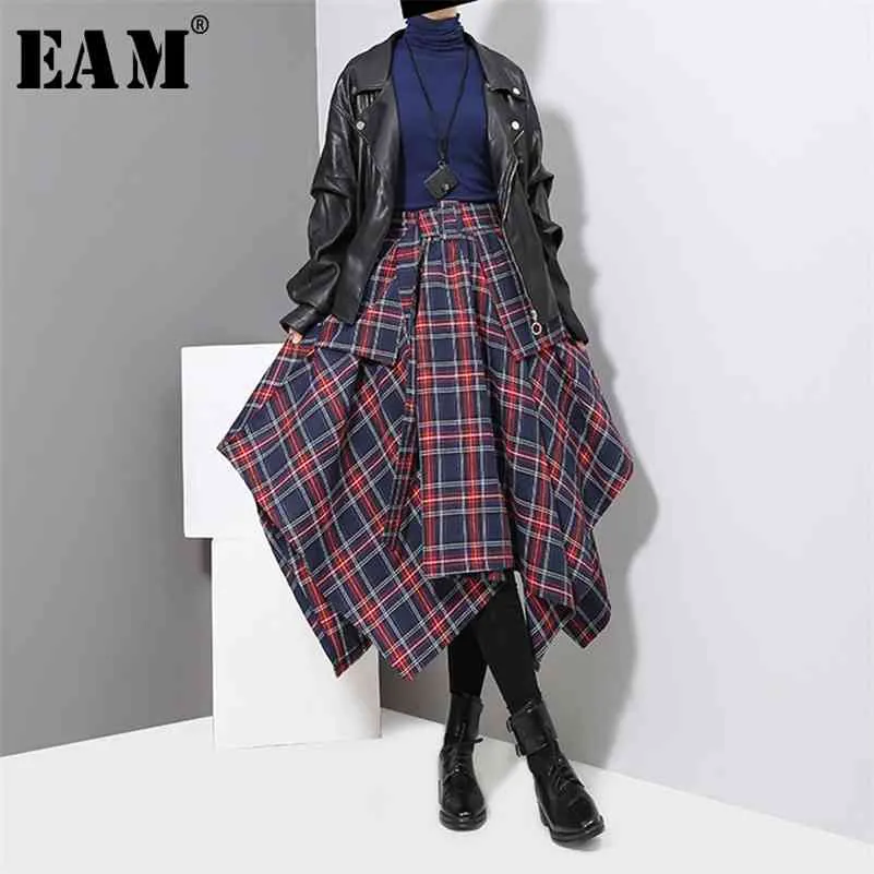 [EAM] Frühling Hohe Taille Rot Plaid Split Joint Lose Big Saum Halbkörper Rock Frauen Mode All-spiel JD402 210708