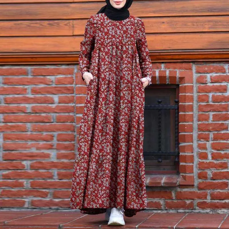 Etniska Kläder Kvinnor Mode 2022 Höst Muslim Kaftan Lång Klänning Elegant Blomstryck Vestidos Casual Syls Ruffle Turkiet Hijab