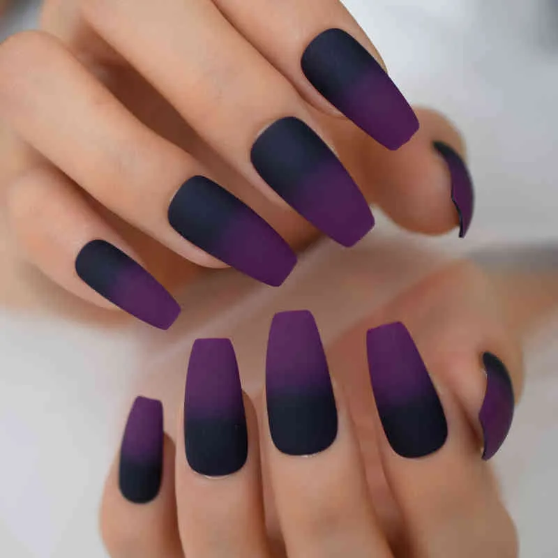 False Nails Matte Плоский Гробный Гроб Французские Ногтей Поддельные Прессы на длинные Средние Оммре Фиолетовый Черный Многоразовый Искусственный Акриловый Арт Ногтей Светы 220225