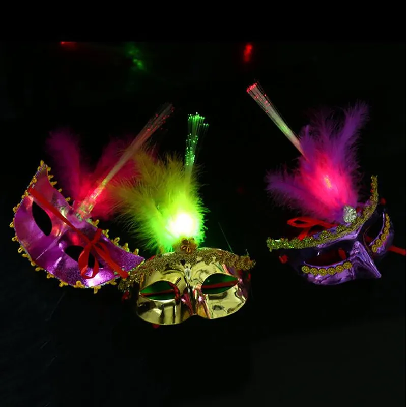 Women Girls LED Flashing Fiber Feather Masquerade Props Lighted Masks Halloween Birthday Party Carnival Christmas